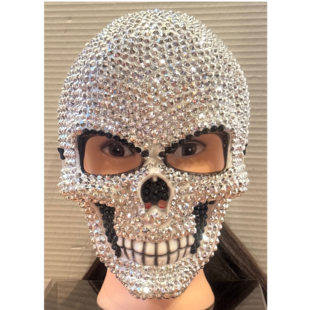 Rhinestone Skull Mask Crystal Embellished Masquerade Festival Costume Silver